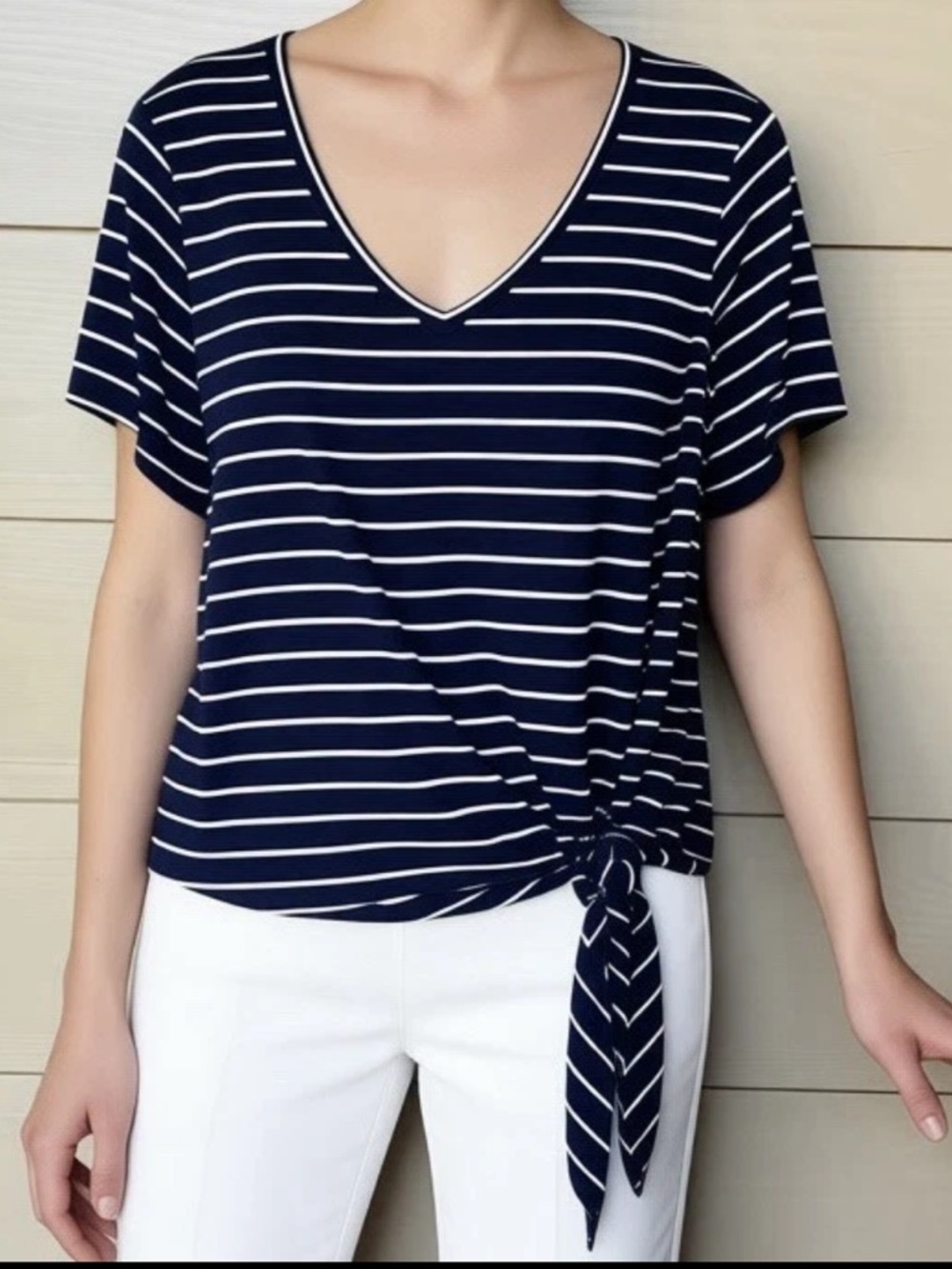 Matty M Size L Women’s Blue/White Strip V-Neck Tie Front Side